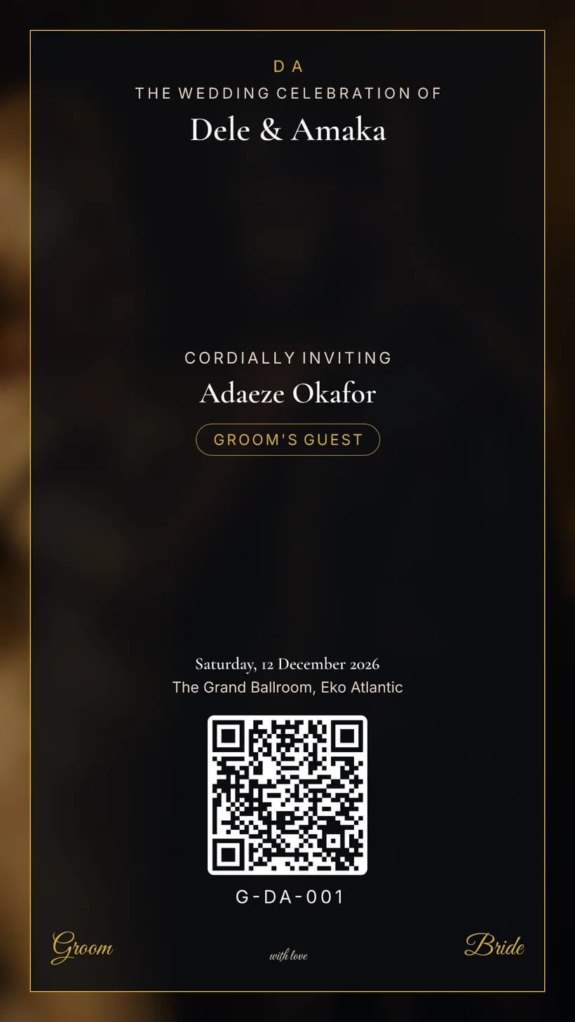 A sample Aravow guest access pass: a 1080 by 1920 card carrying the guest name, their guest ID and a personal QR code.